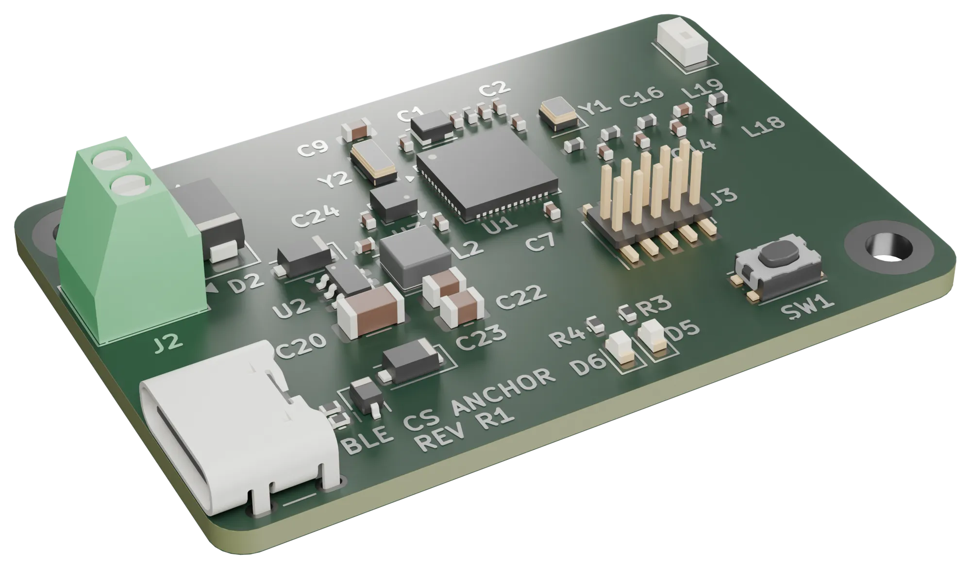 Render 3D della scheda dell'ancora Bluetooth Channel Sounding: SoC nRF54L15 con antenna chip, accelerometro, alimentazione da USB-C o da morsetto 12–24 V