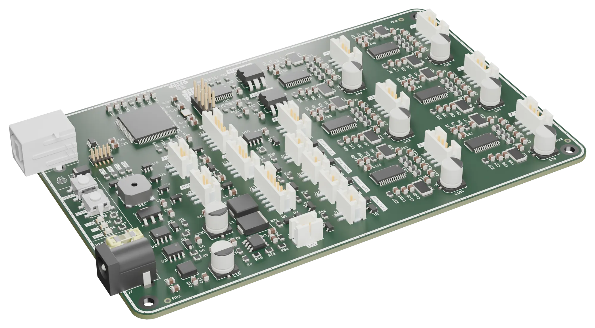 Render 3D di una scheda di controllo per pick & place: microcontrollore STM32F4, driver dei motori passo-passo e connettori per assi, vuoto, luci e feeder