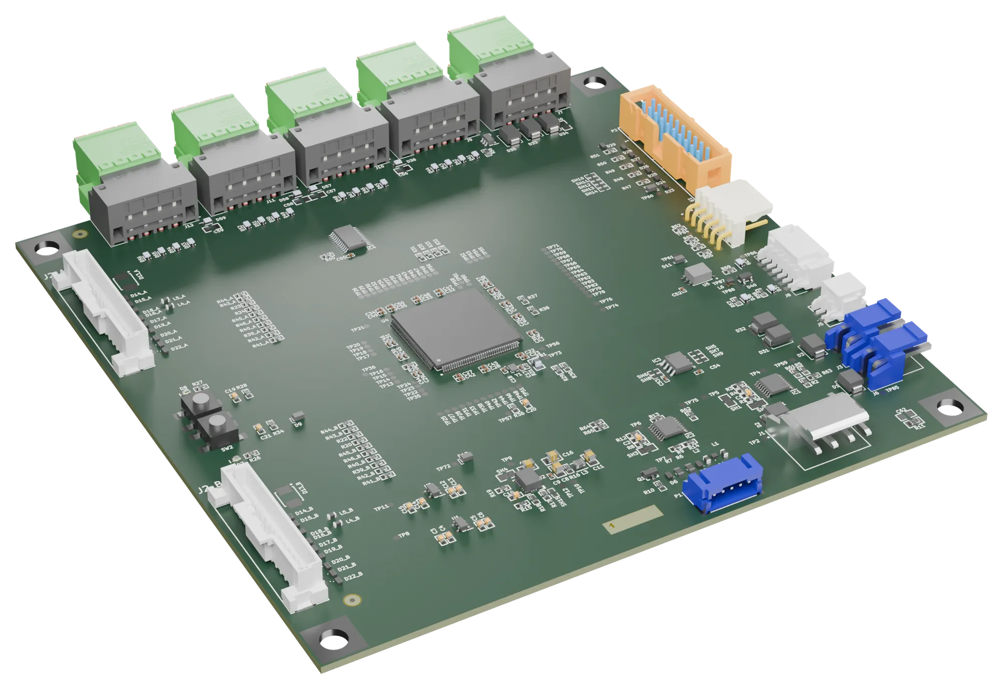 Render 3D della scheda di controllo: microcontrollore al centro, connettori dei due canali isolati sul lato, morsettiere estraibili e connettori di alimentazione e servizio