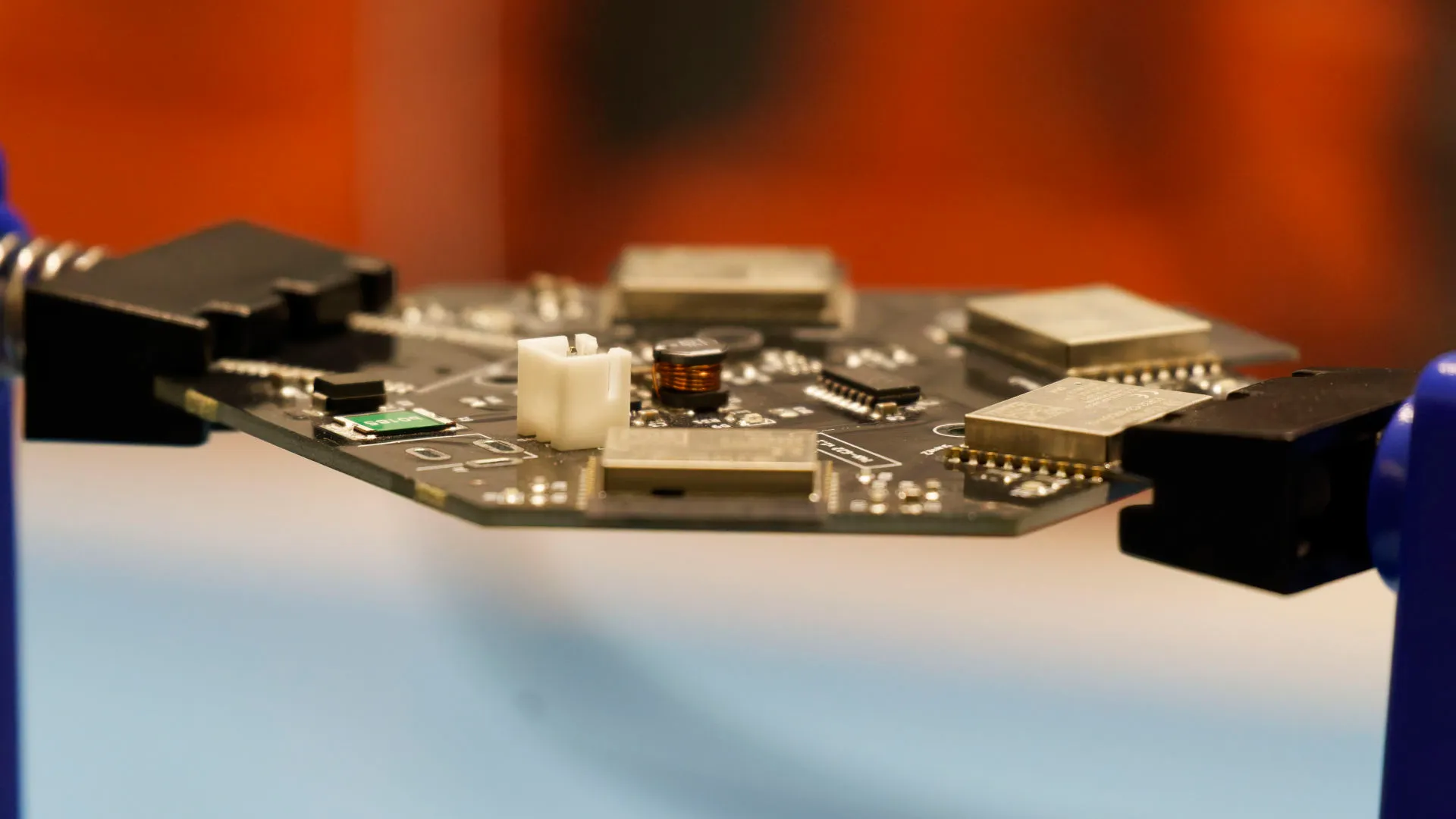 Close-up of an assembled board with radio modules