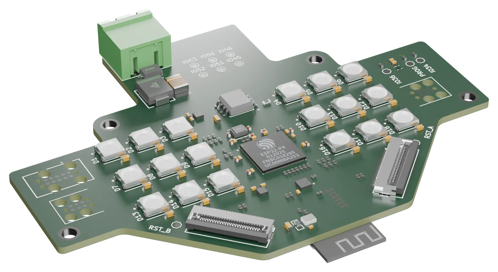 Render 3D della scheda del sensore: microcontrollore al centro, LED di segnalazione, due connettori per le camere e morsettiera di alimentazione